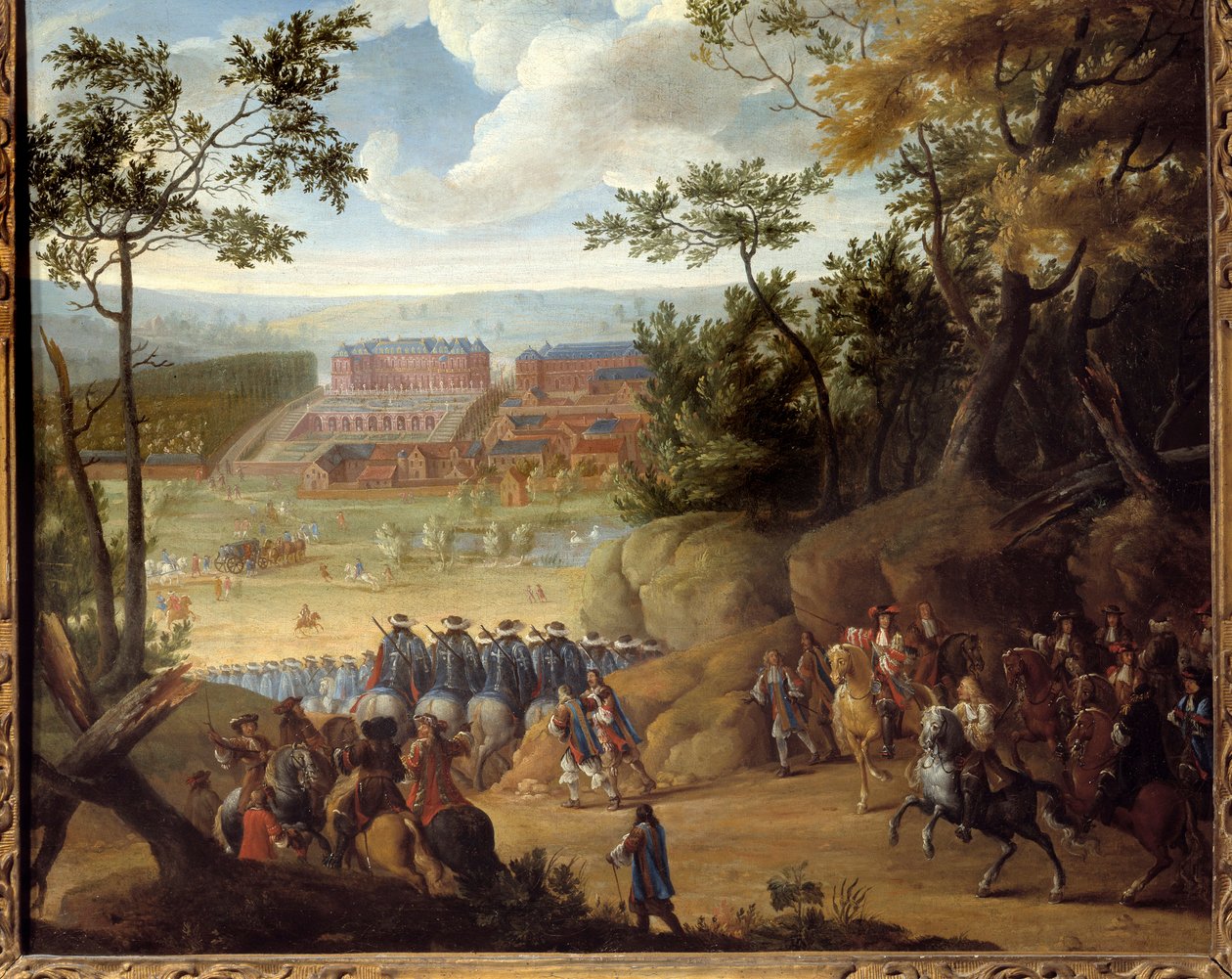 Udsigt over Versailles i 1664 med kongen af Frankrig Ludvig XIV (1638-1715) og et kompagni af musketerer. Maleri af Adams Frans Van der Meulen (1632-1690) af Adam Frans van der Meulen