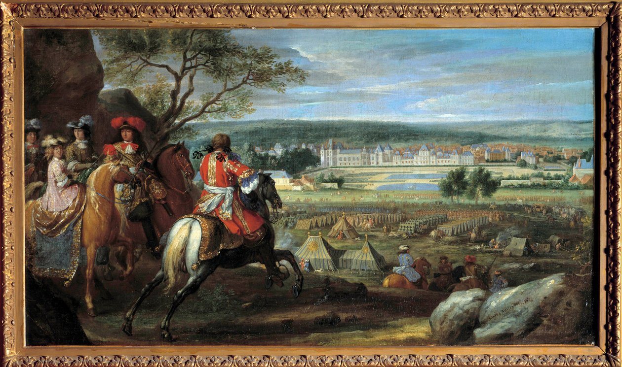 Udsigt over slottet Fontainebleau i 1669, med Ludvig XIV (1638-1715) og Marie Therese af Østrig (1638-1683) Maleri af Adam Frans van der Meulen (1632-1690) 1669 Søn. 0,53x0,95 m. af Adam Frans van der Meulen