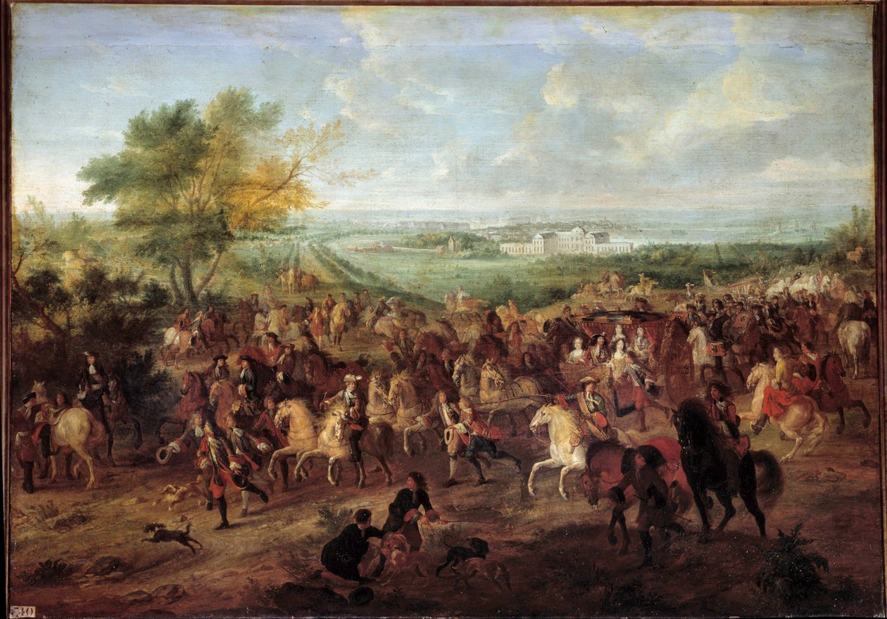 Gå i vogn af kong Louis XIV (1638-1715), dronning Marie Therese af Østrig, Dauphin Louis og Dauphine foran slottet Clagny i Versailles Maleri af Adam van der Meulen (1632-1690) Omkring 1680 Søn. 1,4x1,9 af Adam Frans van der Meulen