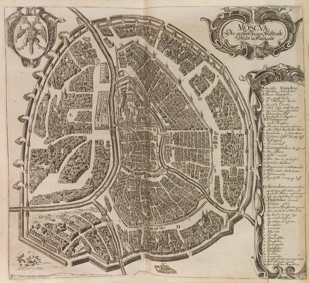 Kort over Moskva. Fra: Øget Ny beskrivelse af Moskoviten..., 1656. af Adam Olearius