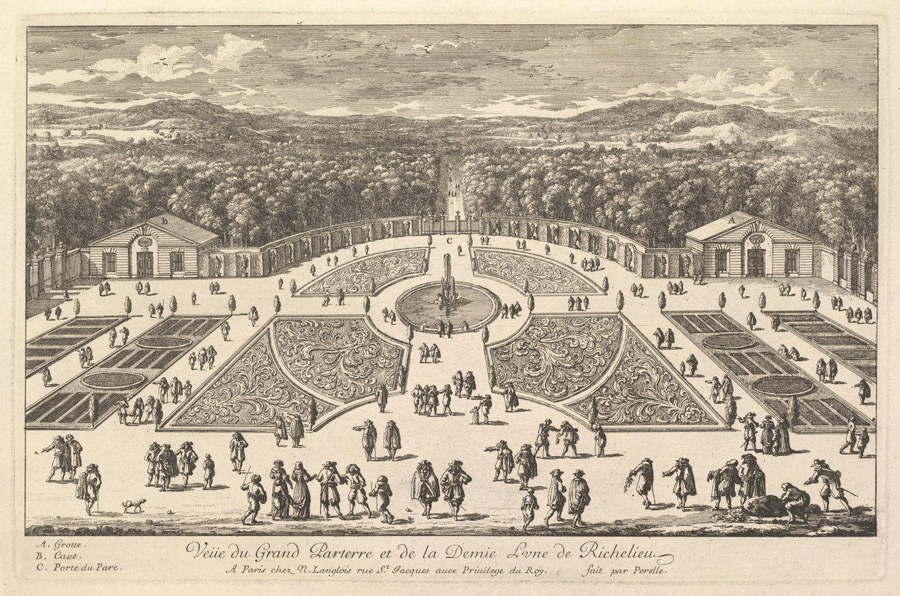 Udsigt over Grand Parterre og Halvmånen af ​​Richelieu, 1600-tallet. af Adam Perelle