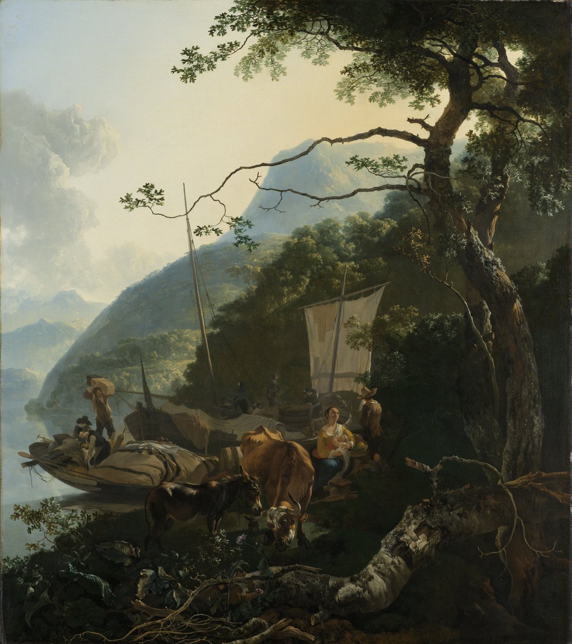 Bådsmænd fortøjet ved bredden af en italiensk sø, 1650-70 af Adam Pynacker