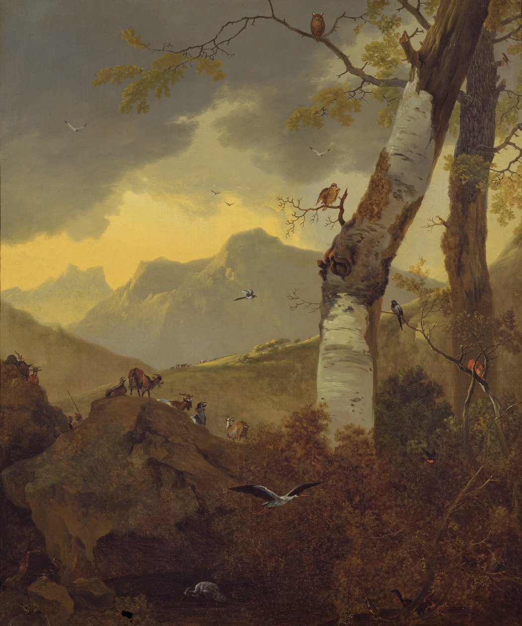 Bjerglandskab med geder og fugle, c.1657 af Adam Pynacker
