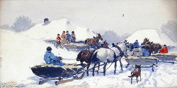 Vinter på landet (akvarel og blyant på papir) af Adam Setkiewicz