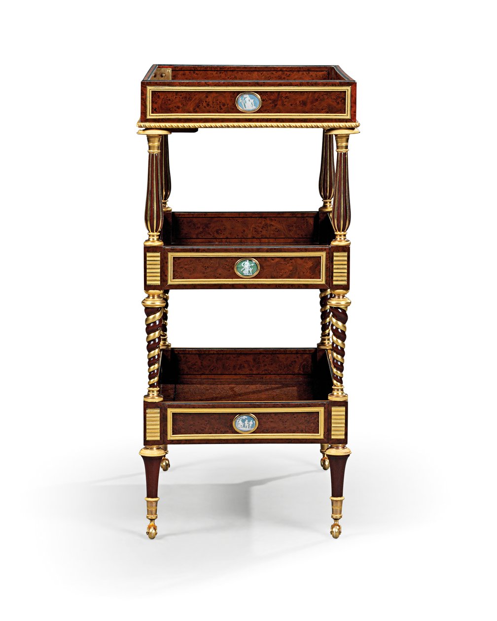 Sen Louis XVI ormolu og cameo-monteret burr taks træ og mahogni bord travailleuse af Adam Weisweiler