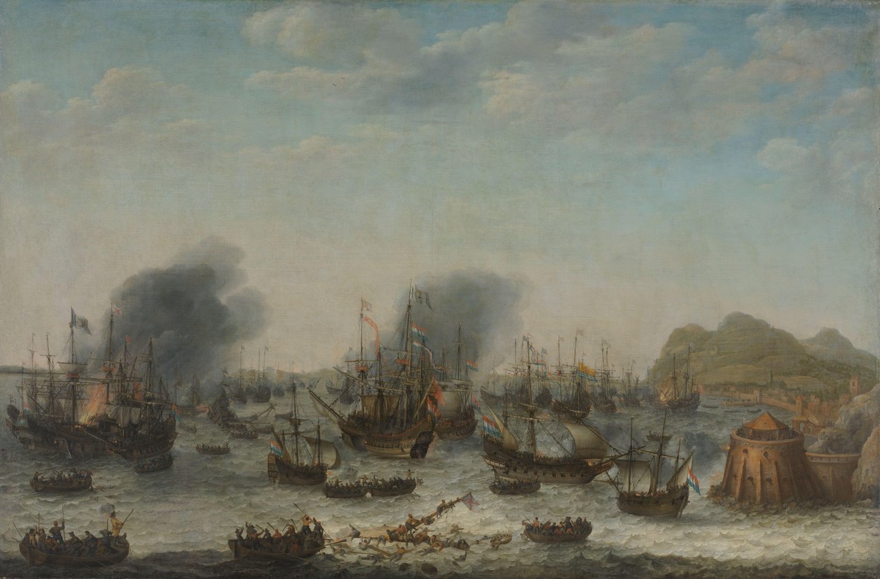 Spaniernes nederlag ved Gibraltar af en hollandsk flåde under kommando af admiral Jacob van Heemskerck, 25. april 1607 af Adam Willaerts (signed by artist)