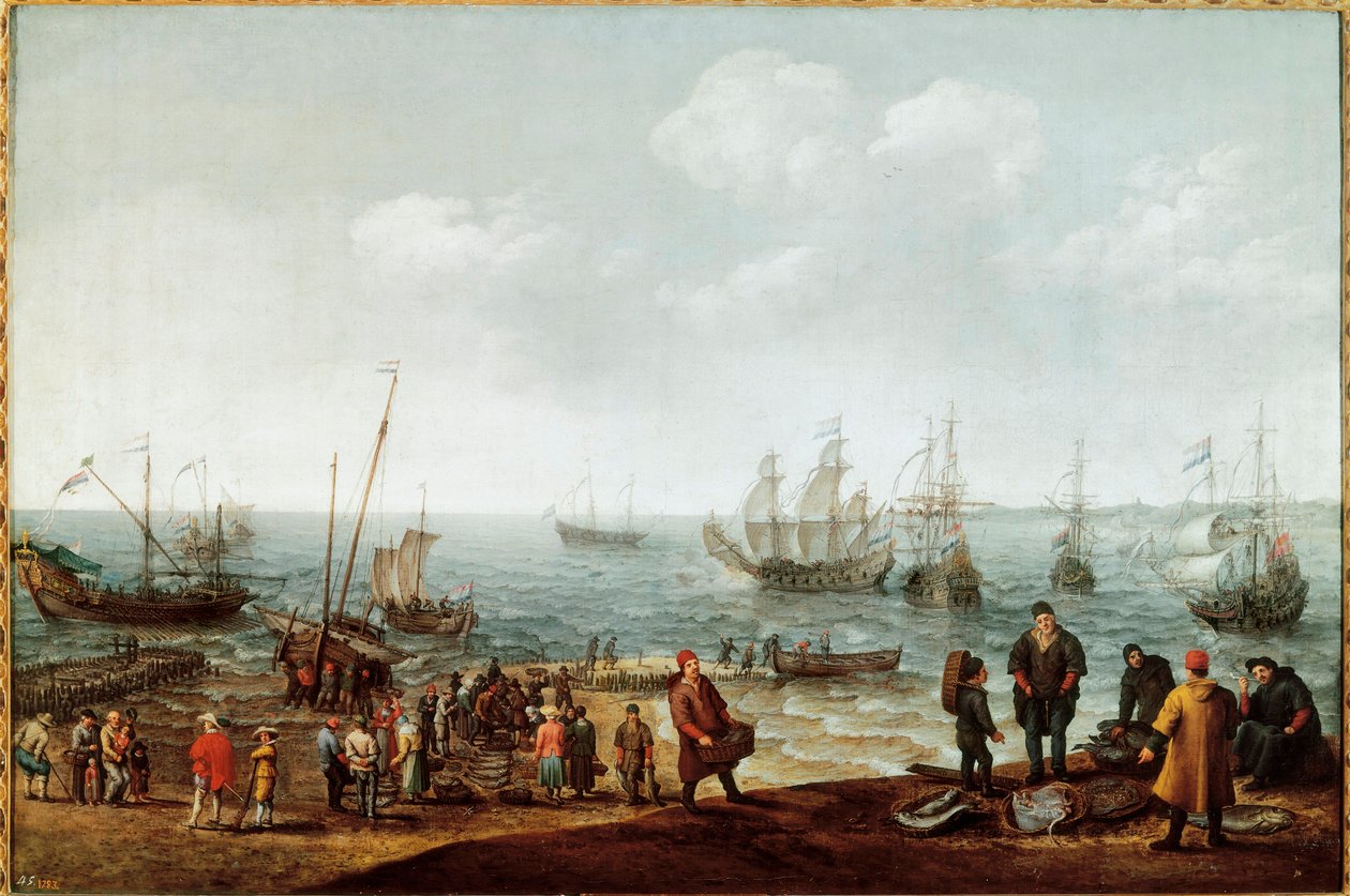 Strand med fiskere af Adam Willaerts