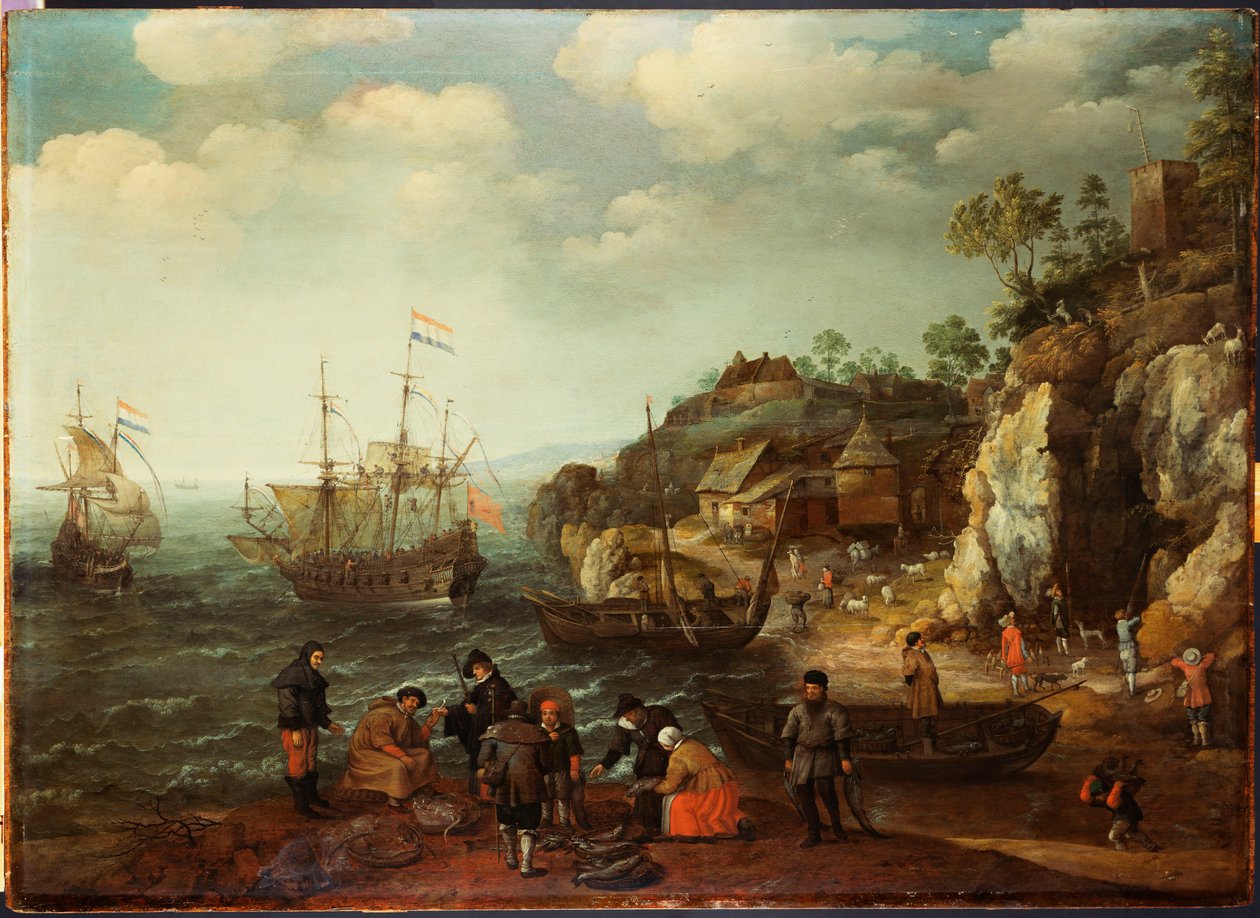 Kystscene med fiskere og jægere på kysten, 1626 af Adam Willaerts