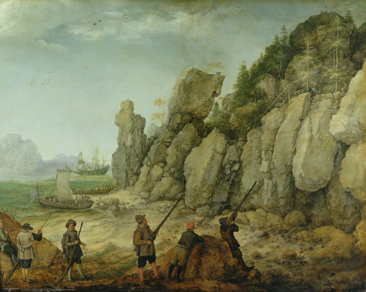 Detalje af jagt på vilde geder ved kysten, 1620 af Adam Willaerts