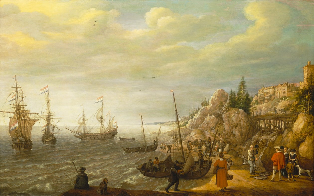 Hollandske skibe for anker ud for en befæstet skandinavisk by af Adam Willaerts