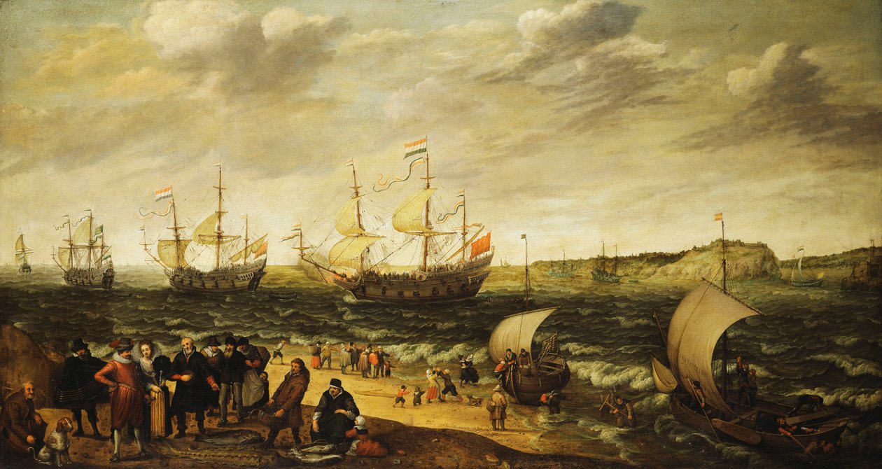 Men-of-War sejler ud af en flodmunding med figurer i forgrunden, af Adam Willaerts