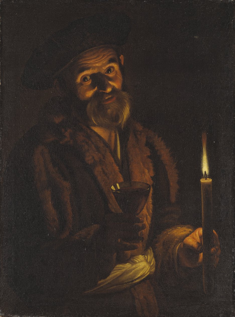 Gammel mand holder et lys og et glas af Adam de Coster