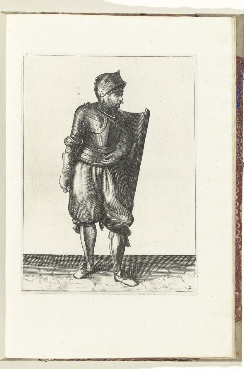 Øvelsen med skive og griber: soldaten bringer skiven fra ryggen over venstre skulder (nr. 2), 1618 Nassausche Wapen-Handelinge, van Schilt, Spies, Rappier and the Targe: beyde figuerlick afbildet, og det indrammede efter den nye orden [af] (... af Adam van Breen