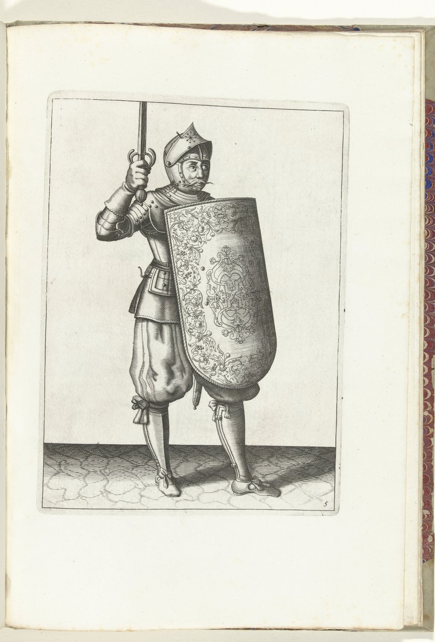 Mål- og raperøvelsen: Soldaten holder den tegnede griber ikke højere end sit ansigt (nr. 5), 1618 Nassausche Wapen-Handelinge, van Schilt, Spies, Rappier and the Targe: beyde figuerlick afbildet, og indrammet efter den nye orden [af] af Adam van Breen