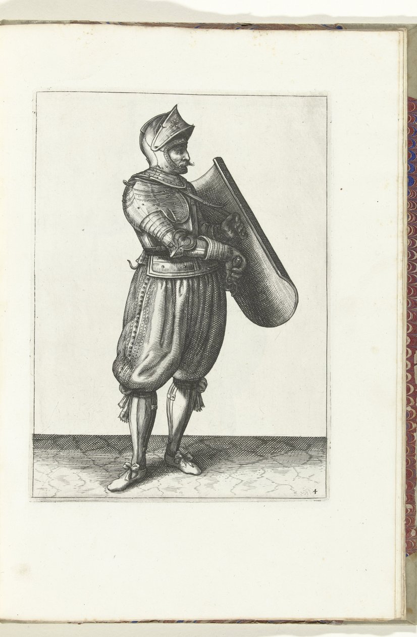 Øvelsen med skive og griber: soldaten holder skiven lidt frem for at kunne trække griberen (nr. 4), 1618 Nassausche Wapen-Handelinge, van Schilt, Spies, Rappier and the Targe: beyde figuerlick afbildet, og indrammet efter den nye orden af Adam van Breen