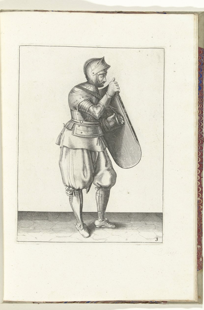 Boret med skiven og griberen: soldaten holder skiven med højre hånd og griber bæltet med venstre (nr. 3), 1618 Nassausche Wapen-Handelinge, van Schilt, Spies, Rappier and the Targe: beyde figuerlick afbildet, og indrammet efter af Adam van Breen