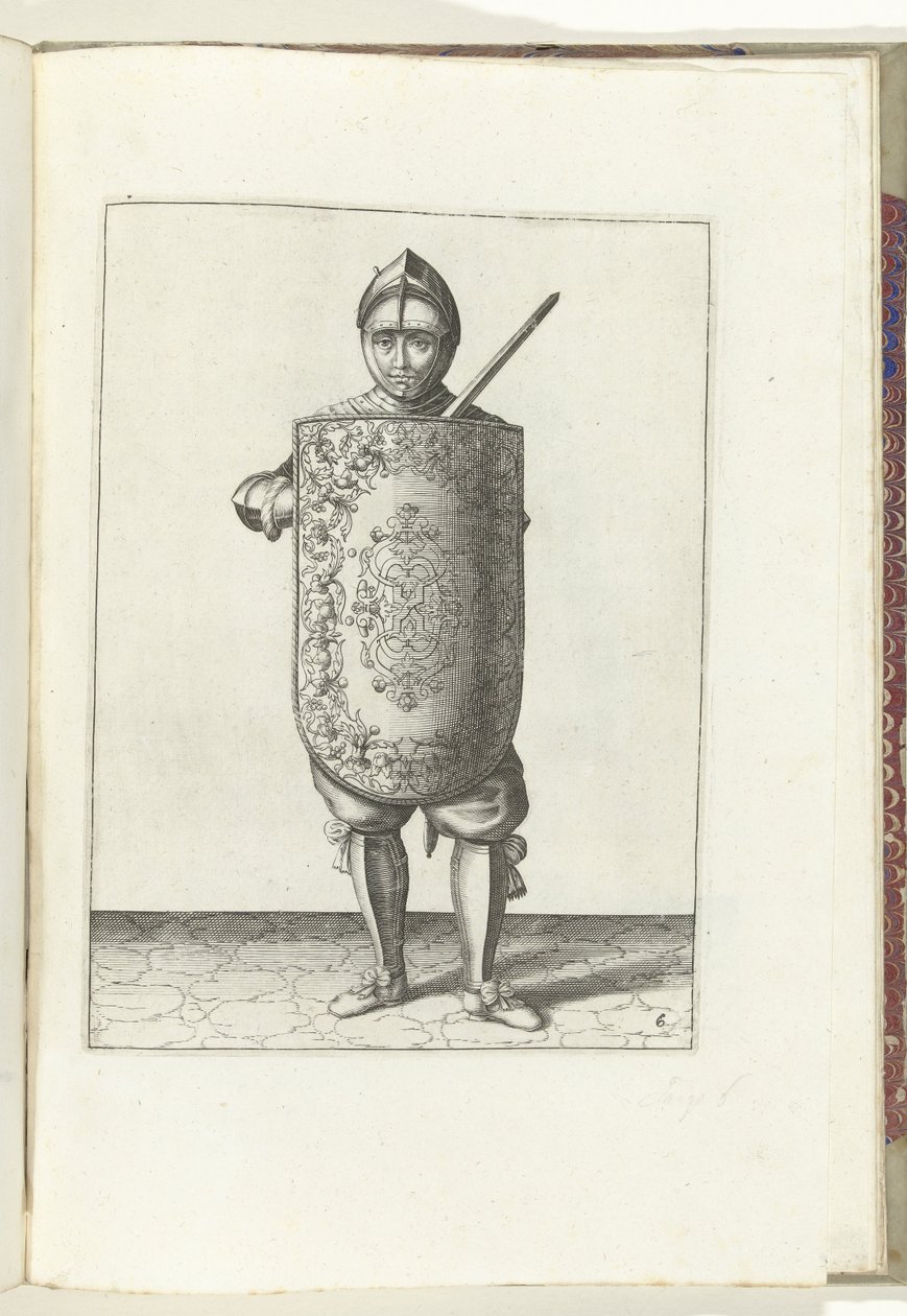 Boret med skive og griber: soldaten holder skiven foran brystet og den trukne griber mod venstre skulder (nr. 6), 1618 Nassausche Wapen-Handelinge, van Schilt, Spies, Rappier and the Targe: beyde figuerlick afbildet, ende indrammet efter af Adam van Breen
