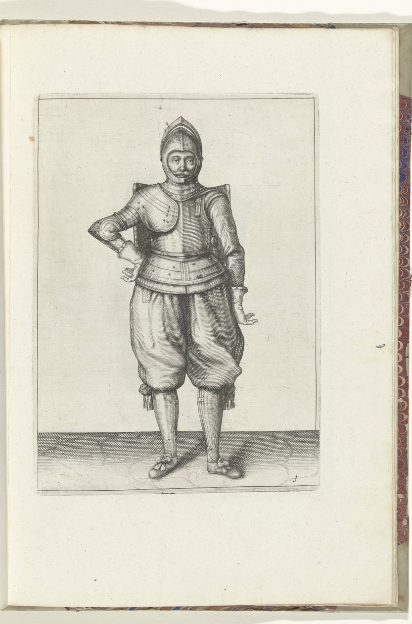 Boret med skiven og griberen: soldaten i hvile med skiven på ryggen (nr. 1), 1618 Nassausche Wapen-Handelinge, van Schilt, Spies, Rappier and the Targe: beyde figuerlick afbildet, og indrammet efter den nye orden [af] (...) Maurits van Nassa af Adam van Breen