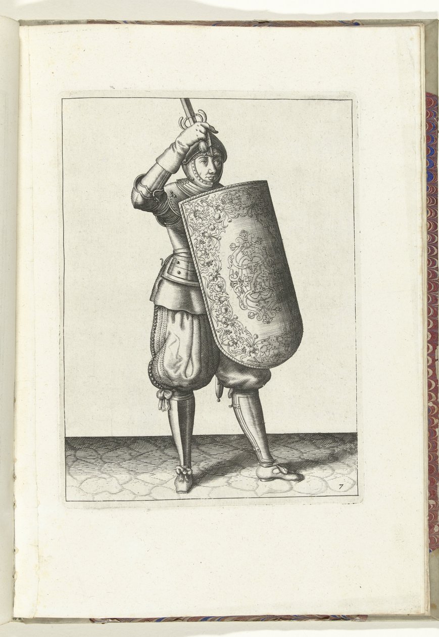 Boret med skiven og griberen: hvordan soldaten skal lukke visiret på sin hjelm med skiven og den trukne griber i hånden (nr. 7), 1618 Nassausche Wapen-Handelinge, van Schilt, Spies, Rappier and the Targe: beyde figuerlick afbildet, og af Adam van Breen