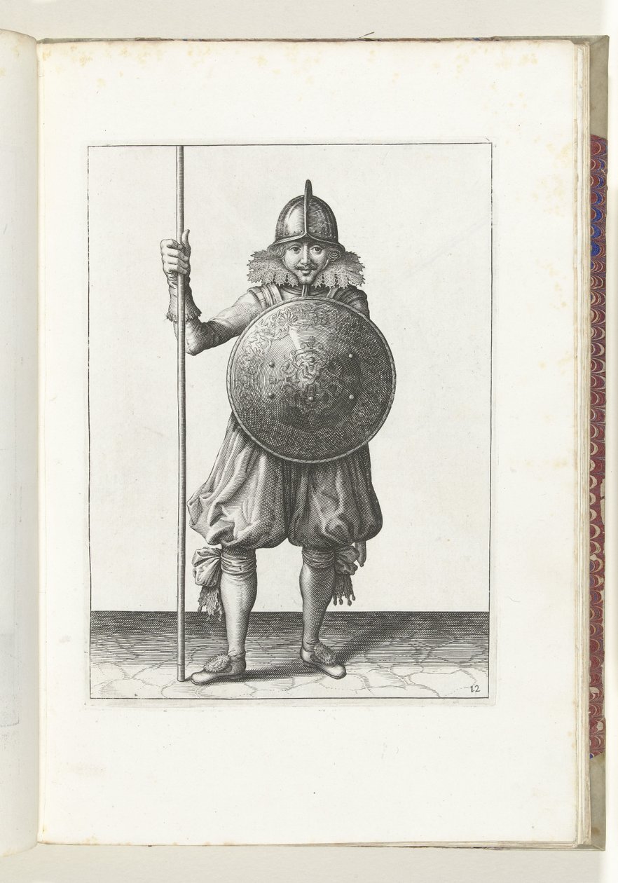 Øvelsen med skjold og spyd: soldaten bringer spydet tilbage til hvilestilling i tre gange, tredje sats (nr. 12), 1618 Nassausche Wapen-Handelinge, van Schilt, Spies, Rappier and the Targe: beyde figuerlick afbildet, og indrammet efter af Adam van Breen