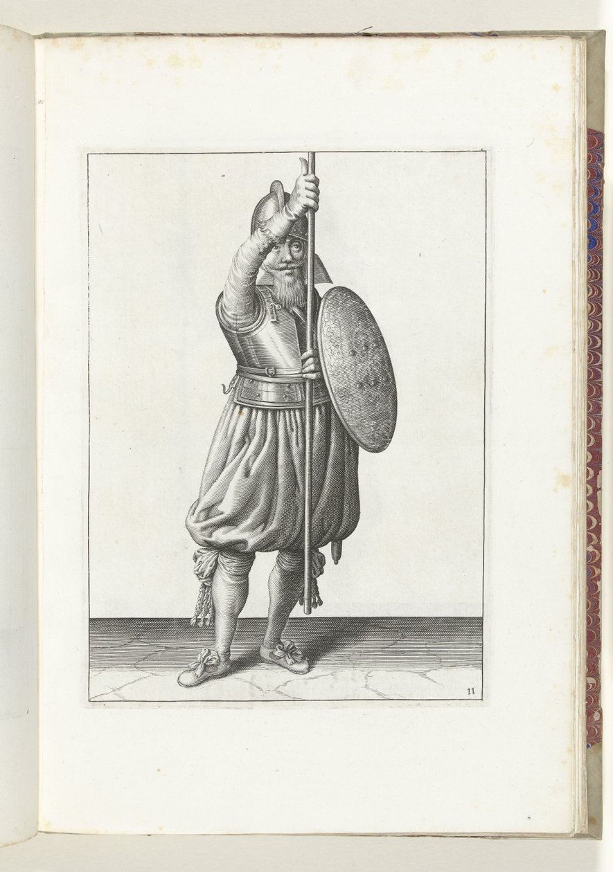 Øvelsen med skjold og spyd: soldaten bringer spydet tilbage til hvilestilling i tre gange, anden sats (nr. 11), 1618 Nassausche Wapen-Handelinge, van Schilt, Spies, Rappier and the Targe: beyde figuerlick afbildet, og indrammet efter af Adam van Breen