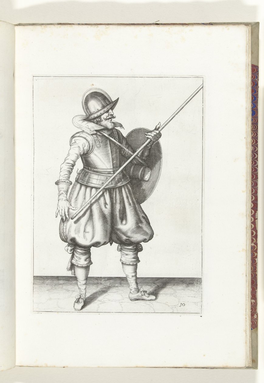 Øvelsen med skjold og spyd: soldaten bringer spydet tilbage til hvilestilling i tre gange, første sats (nr. 10), 1618 Nassausche Wapen-Handelinge, van Schilt, Spies, Rappier and the Targe: beyde figuerlick afbildet, og indrammet efter af Adam van Breen