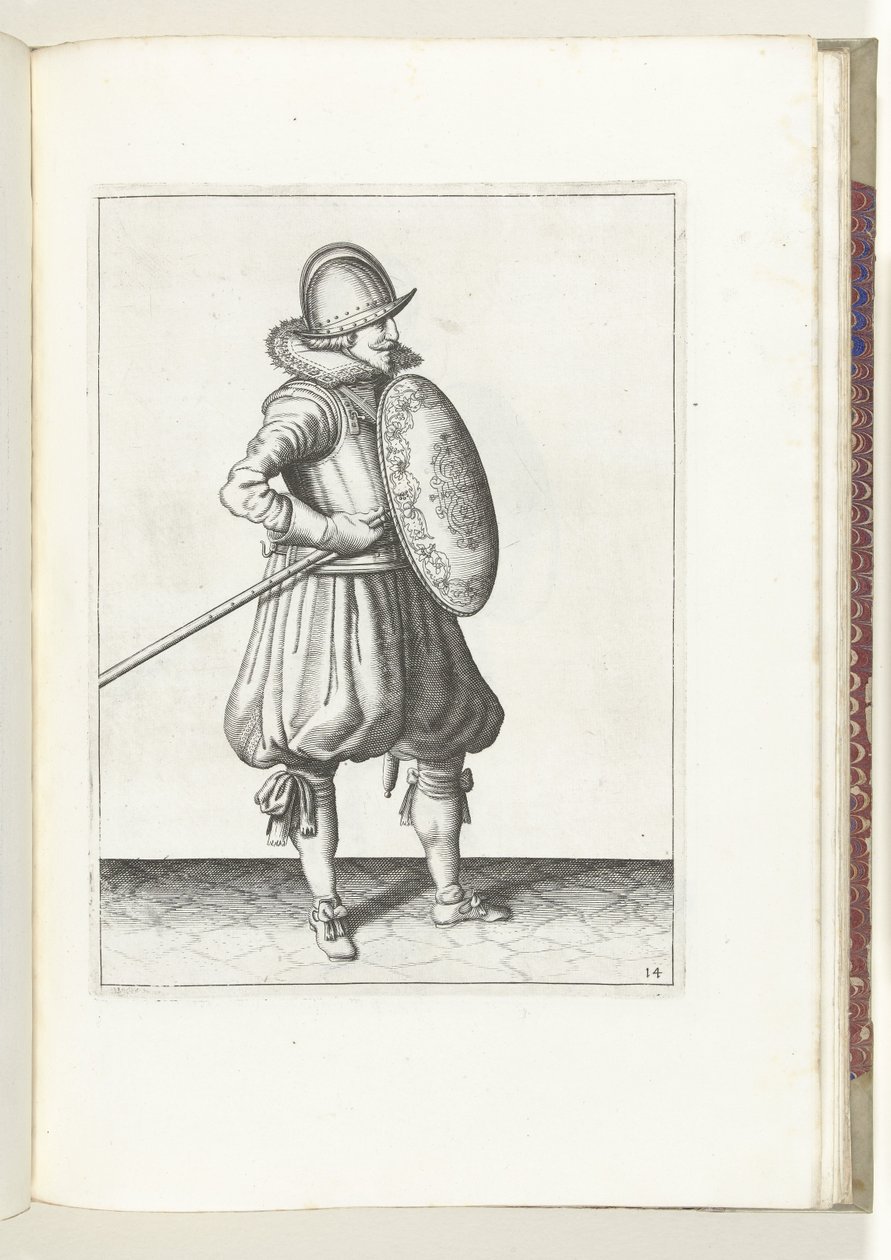 Skjold- og piggeøvelsen: Soldaten flytter piggen til trækposition på to gange, anden bevægelse (nr. 14), 1618 Nassausche Wapen-Handelinge, van Schilt, Spies, Rappier and the Targe: beyde figuerlick afbildet, ende indrammet efter den nye af Adam van Breen