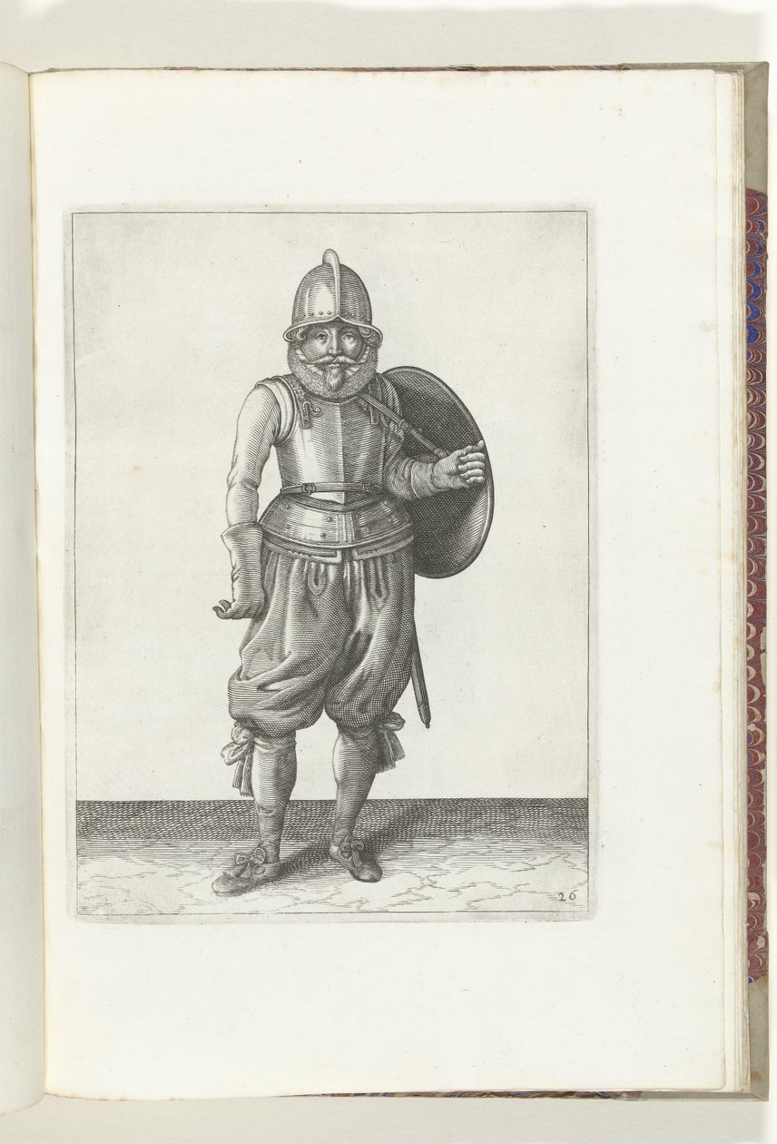 Skjold- og piggeøvelsen: Soldaten returnerer skjoldet til ryggen med sin venstre arm (nr. 26), 1618 De Nassausche Wapen-Handelinge, van Schilt, Spies, Rappier and the Targe: beyde figuerlick afbildet, ende indrammet efter den nye orden [af] (.. af Adam van Breen