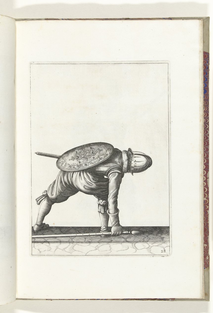 Skjold- og piggeøvelsen: Soldaten bøjer sig ned for at samle piggen op (nr. 28), 1618 Nassausche Wapen-Handelinge, van Schilt, Spies, Rappier and the Targe: beyde figuerlick afbildet, og indrammet efter den nye orden [af] (...) Maurits van Nassau (t. af Adam van Breen