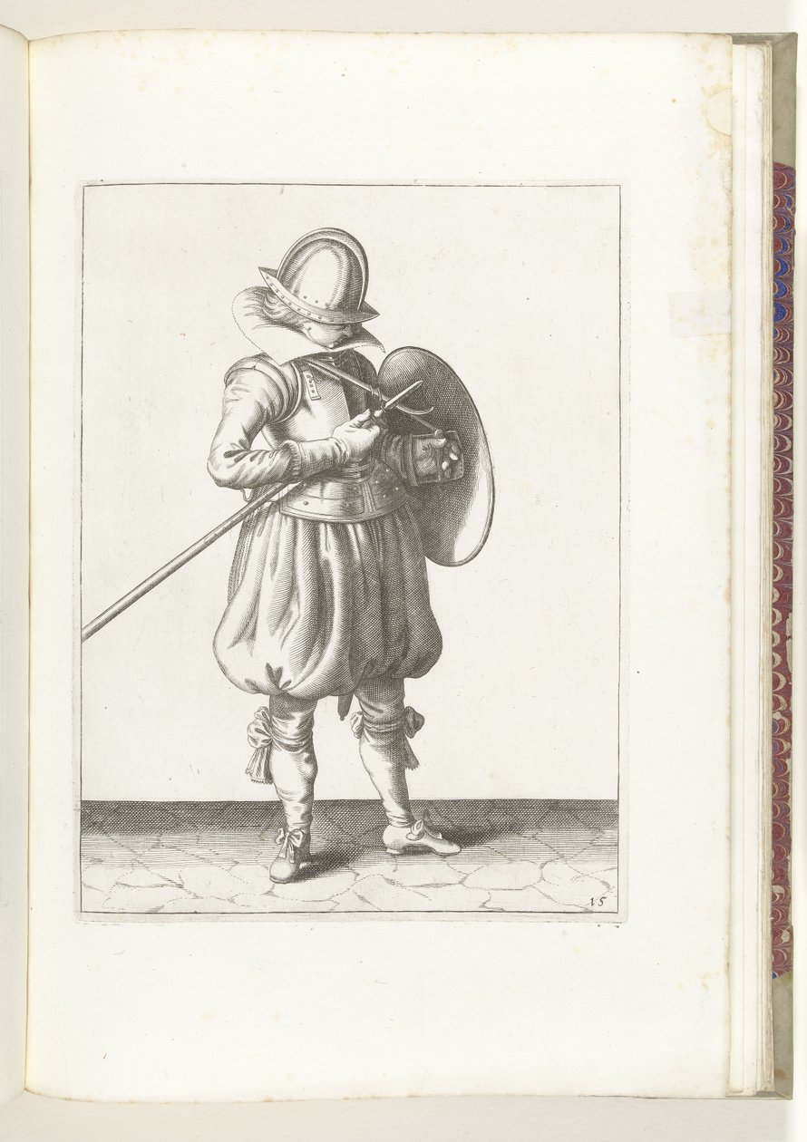 Skjold- og spidsøvelsen: Soldaten holder spids og skjold tæt på kroppen (nr. 15), 1618 Nassausche Wapen-Handelinge, van Schilt, Spies, Rappier and the Targe: beyde figuerlick afbildet, og indrammet efter den nye orden [af] (...) Maurit af Adam van Breen