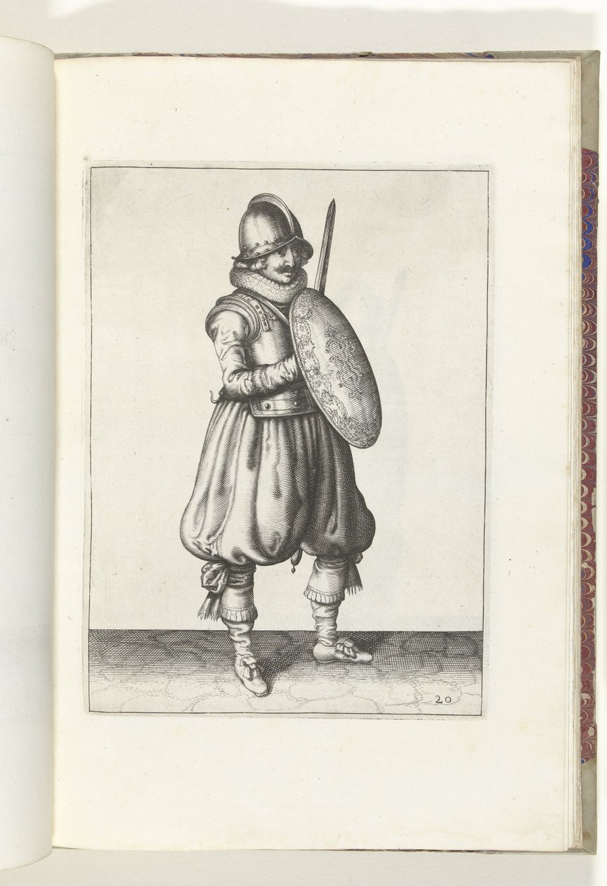 Skjold- og piggeøvelsen: Soldaten på opmærksomhed med sin griber og skjold foran kisten (nr. 20), 1618 De Nassausche Wapen-Handelinge, van Schilt, Spies, Rappier and the Targe: beyde figuerlick afbildet, ende indrammet efter den nye orden [af] (. af Adam van Breen