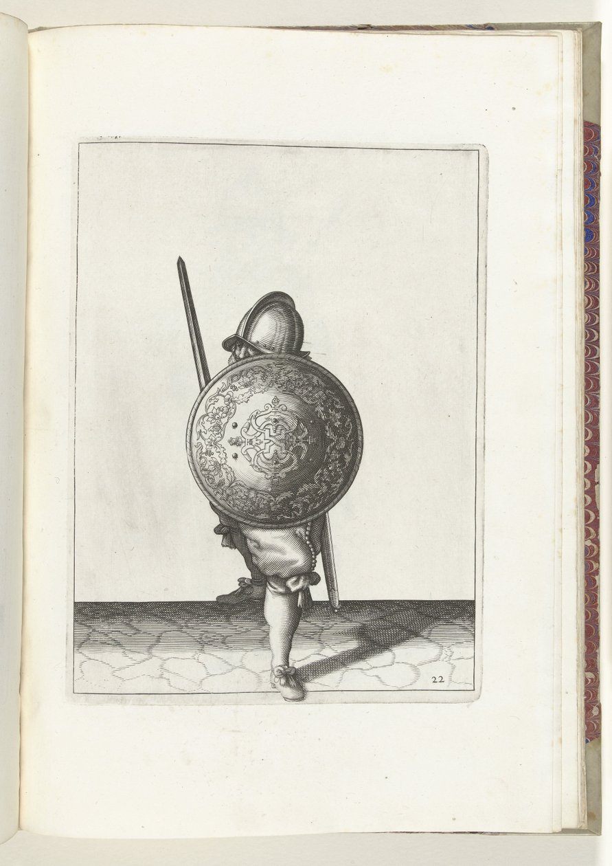 Skjold- og piggeøvelsen: Soldaten i forsvarsposition med den ene fod foran og hans griber og skjold på knæet foran kroppen, set forfra (nr. 22), 1618 The Nassausche Weapons Act, af Schilt, Spies, Rappier og Targ af Adam van Breen