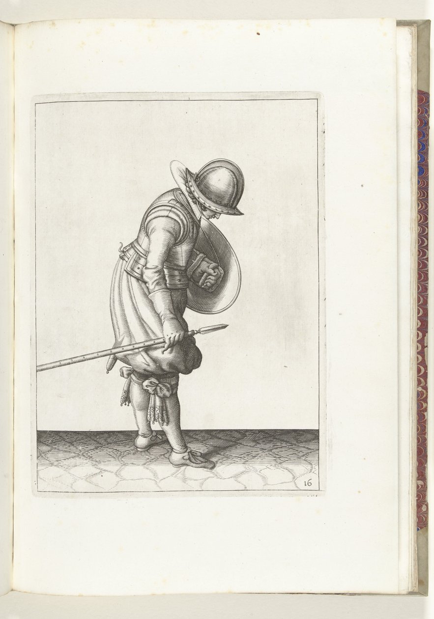 Skjold- og piggeøvelsen: Soldaten sætter piggen på jorden ved siden af ​​sin højre fod (nr. 16), 1618 Nassausche Wapen-Handelinge, van Schilt, Spies, Rappier and the Targe: beyde figuerlick afbildet, og indrammet efter den nye orden [af] (...) M af Adam van Breen
