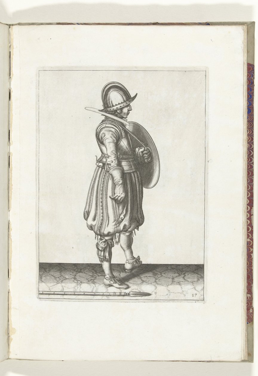 Skjold- og piggeøvelsen: Soldaten med skjoldet klar og piggen på jorden ved siden af ​​sin højre fod (nr. 17), 1618 Nassausche Wapen-Handelinge, van Schilt, Spies, Rappier and the Targe: beyde figuerlick afbildet, ende indrammet efter den nye af Adam van Breen