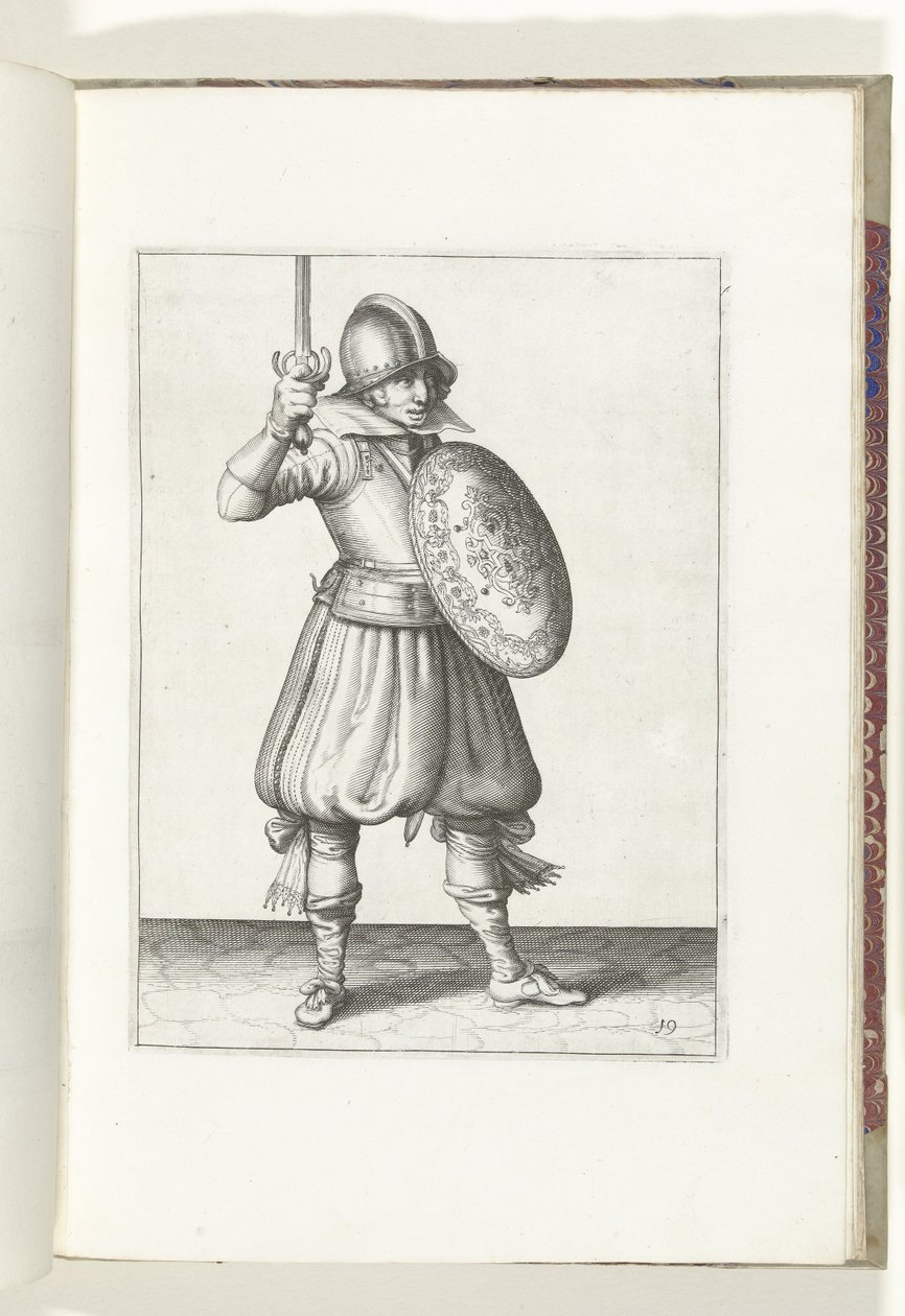 Skjold- og piggeøvelsen: Soldaten præsenterer sin rapier med hånden ikke højere end sit ansigt (nr. 19), 1618 Nassausche Wapen-Handelinge, van Schilt, Spies, Rappier and the Targe: beyde figuerlick afbildet, og indrammet efter den nye orden af Adam van Breen