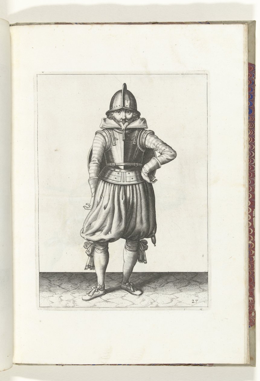 Skjold- og piggeøvelsen: Soldaten stående i ro med skjoldet på ryggen (nr. 27), 1618 Nassausche Wapen-Handelinge, van Schilt, Spies, Rappier and the Targe: beyde figuerlick afbildet, og det indrammede efter den nye orden [af] (...) Maurits v. af Adam van Breen