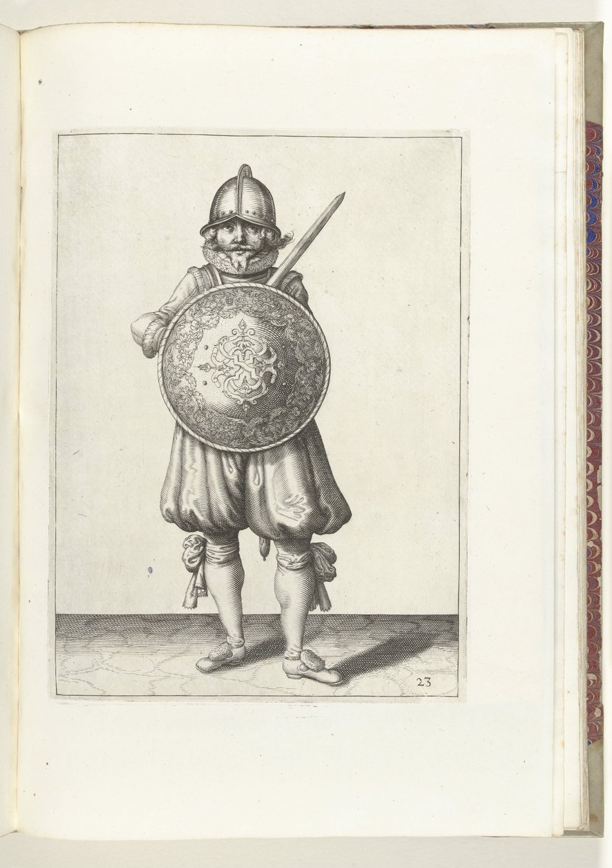 Skjold- og piggeøvelsen: Soldaten stående i ro, hans rapier hviler på venstre skulder bag skjoldet (nr. 23), 1618 Nassausche Wapen-Handelinge, van Schilt, Spies, Rappier and the Targe: beyde figuerlick afbildet, ende indrammet efter n af Adam van Breen