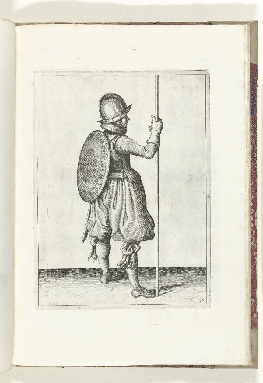 Skjold- og piggeøvelsen: Soldaten stående med piggen hvilende på jorden ved siden af ​​højre fod (nr. 30), 1618 Nassausche Wapen-Handelinge, van Schilt, Spies, Rappier and the Targe: beyde figuerlick afbildet, og indrammet efter den nye orden af Adam van Breen