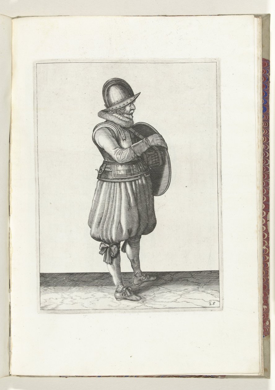 Skjold- og piggeøvelsen: Soldaten trækker sin arm fra skjoldets bælte (nr. 25), 1618 Nassausche Wapen-Handelinge, van Schilt, Spies, Rappier and the Targe: beyde figuerlick afbildet, og indrammet efter den nye orden [af] (...) Maurits af Adam van Breen