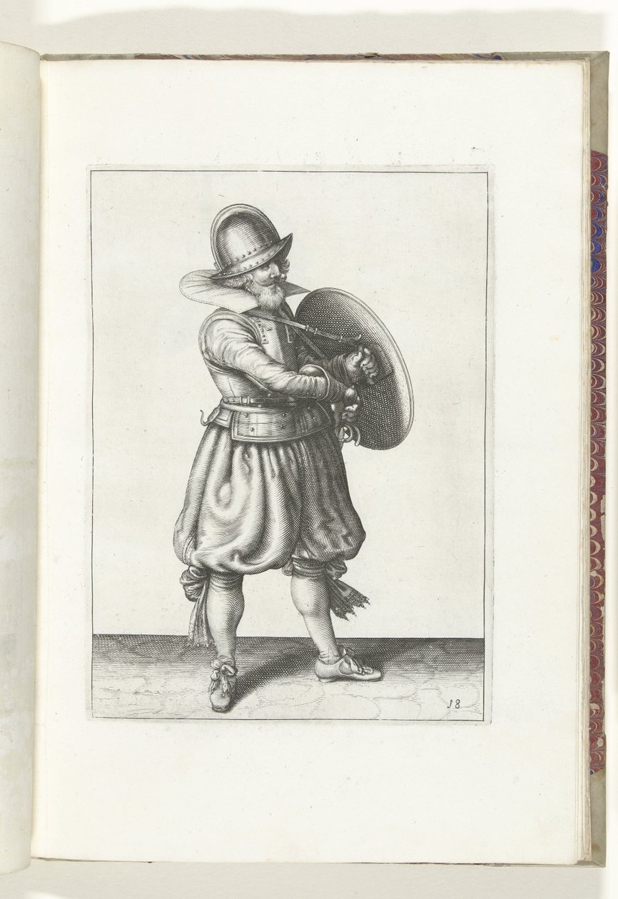 Skjold- og piggeøvelsen: Soldaten tegner sin griber bag sit skjold (nr. 18), 1618 Nassausche Wapen-Handelinge, van Schilt, Spies, Rappier and the Targe: beyde figuerlick afbildet, og det indrammede efter den nye orden [af] (...) Maurits v. af Adam van Breen