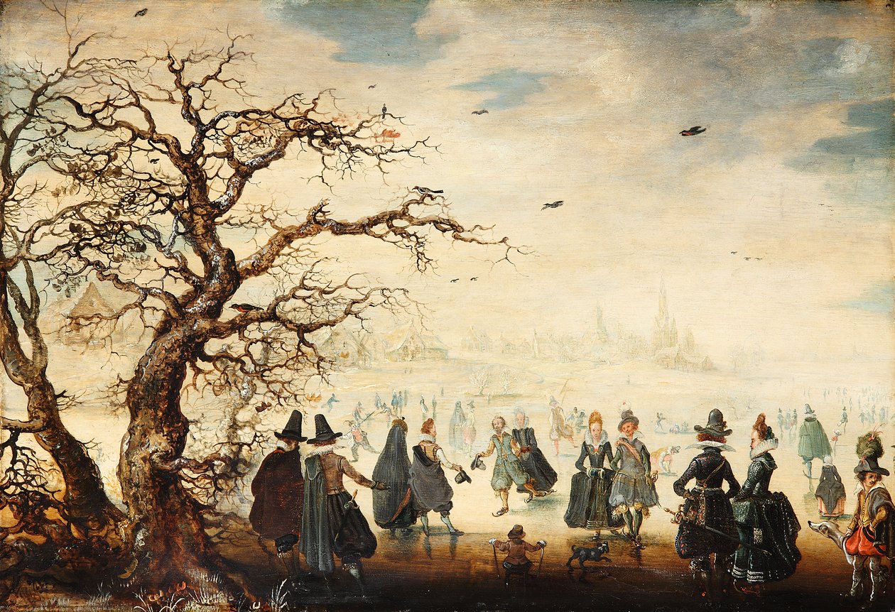 Tysk: Wintervergnügen Vinterlandskab med elegante figurer på skøjter af Adam van Breen