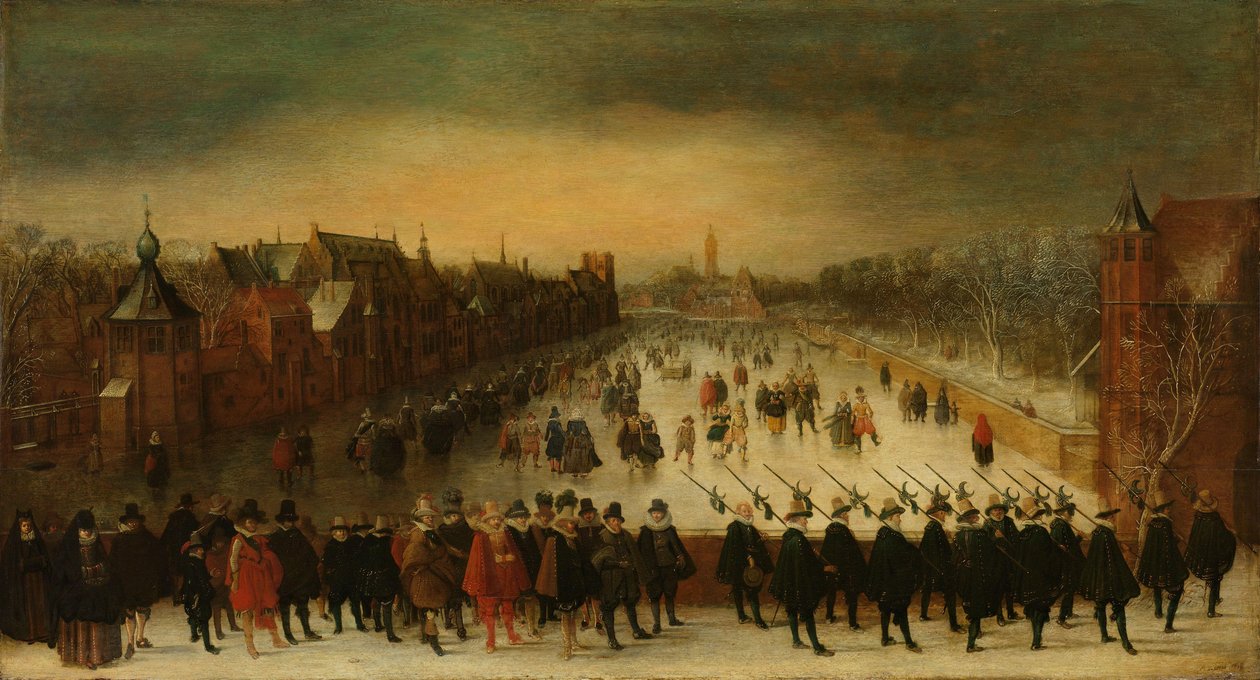 Vijverberg, Haag, om vinteren med prins Maurits og hans følge i forgrunden af Adam van Breen