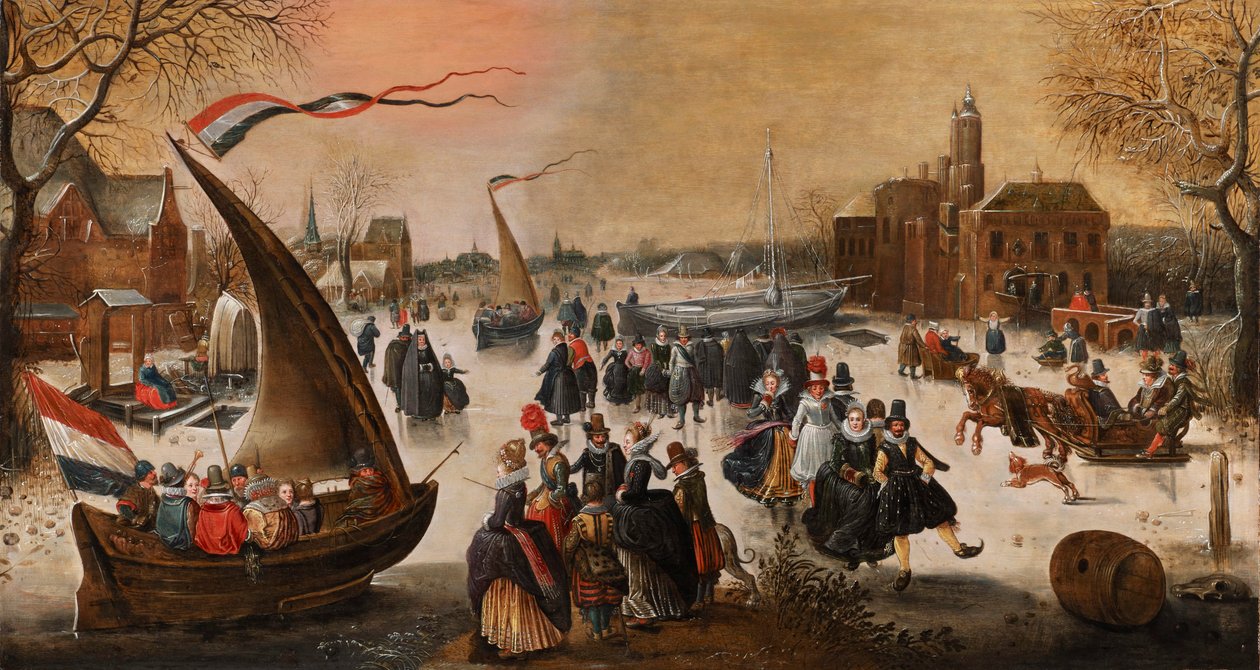 Vinterlandskab med elegante skøjteløbere på en frossen sø, isbrydere og en by i det fjerne af Adam van Breen