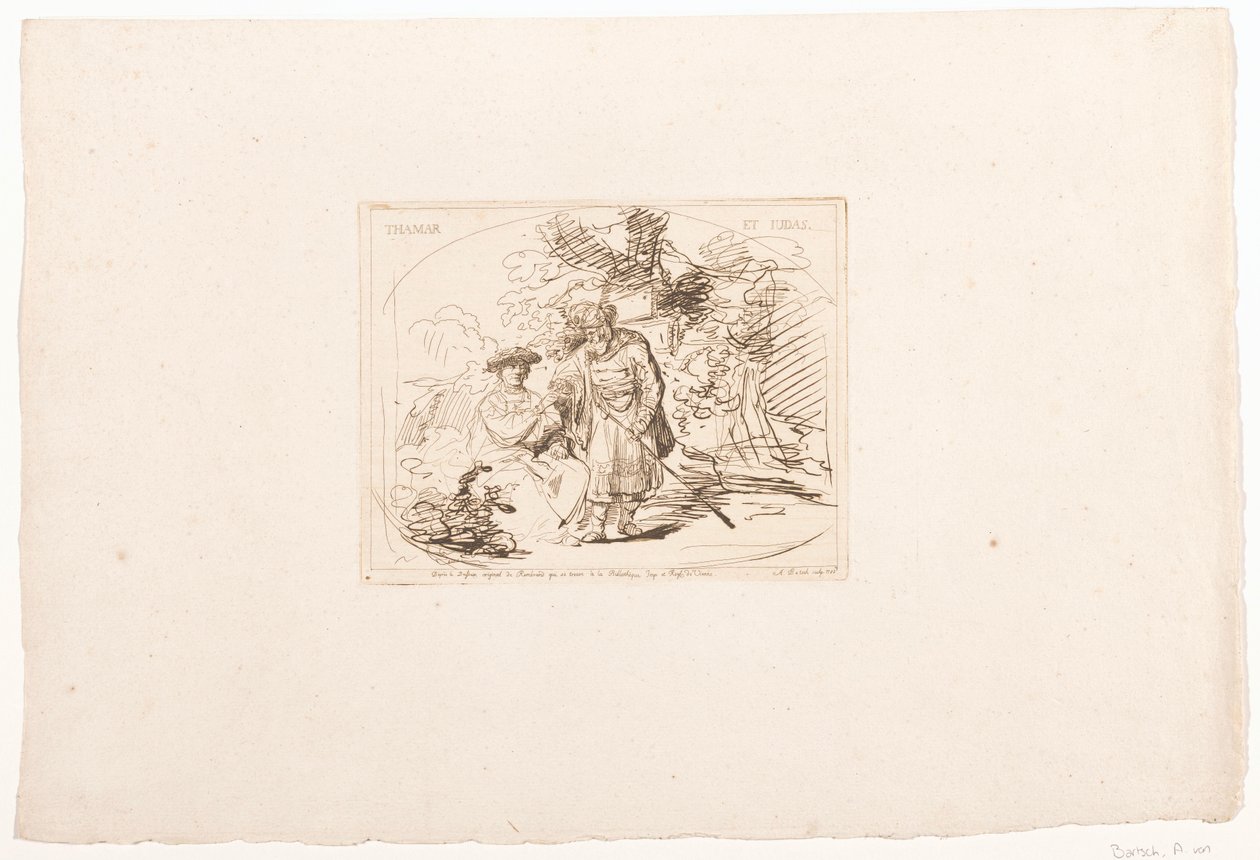 Juda giver Tamar sin signetring Tamar et Judas (titel på objekt) Seks tryk efter tegninger af Rembrandt, opbevaret i Hofbibliothek i Wien (serietitel) Six estampes gravées d