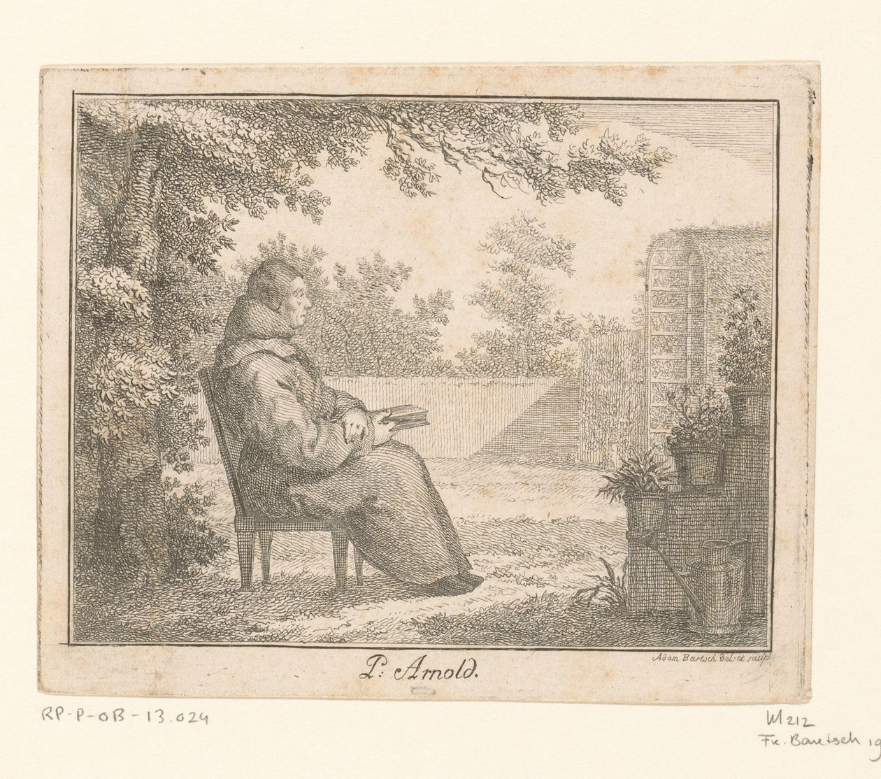 Portræt af Arnoldus a Sancta Clara med en bog i en have P. Arnold (titel på objekt) af Adam von Bartsch