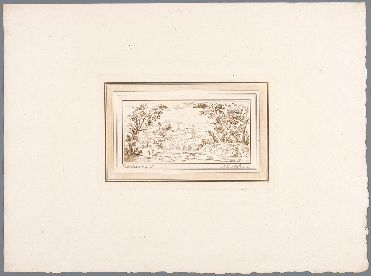 Flodlandskab med muren af ​​en fæstning Tryk efter tegninger af Guercino opbevaret i Hofbibliothek i Wien (serietitel) Recueil d