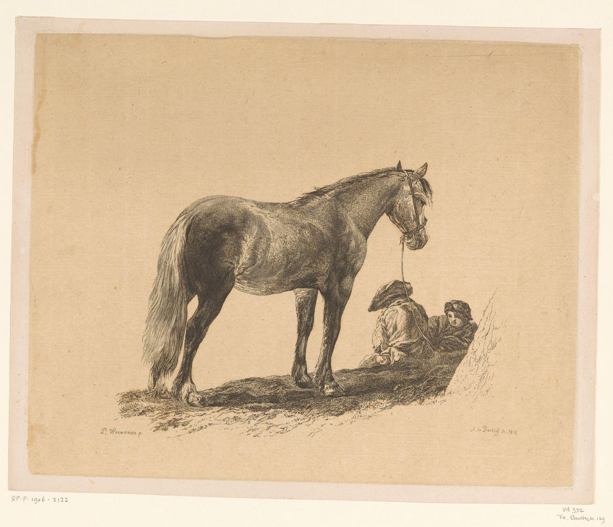 Stående hest med to mænd siddende på jorden Seks tryk efter tegninger af Adam von Bartsch i Heinrich Xaver Ritter von Hauers samling (serietitel) Six estampes gravées par Adam de Bartsch d