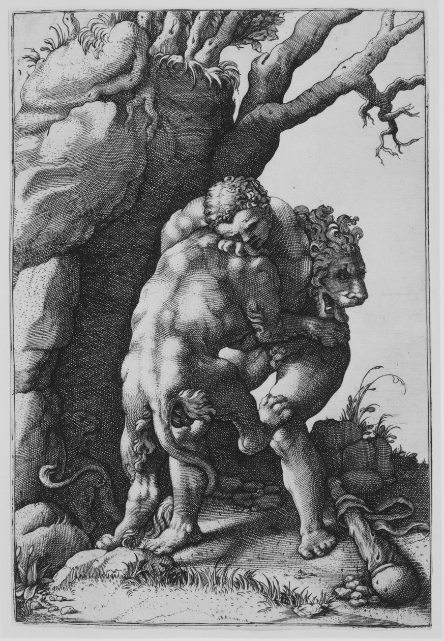 Hercules og Nemean Lion. af Adamo Scultori