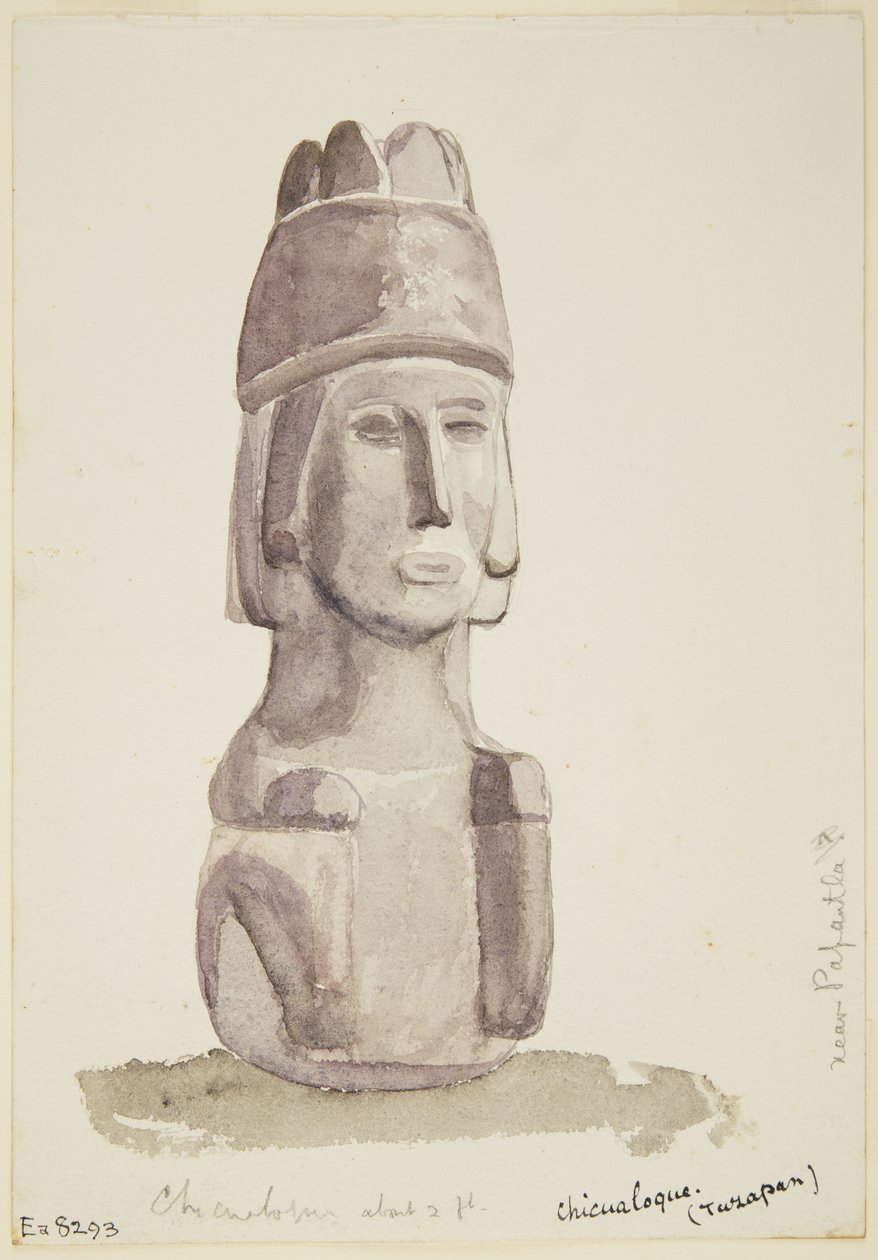 2 fod høj stenstatue af et menneskehoved fra Chicualoque, nær Papantla (akvarel) af Adela Breton
