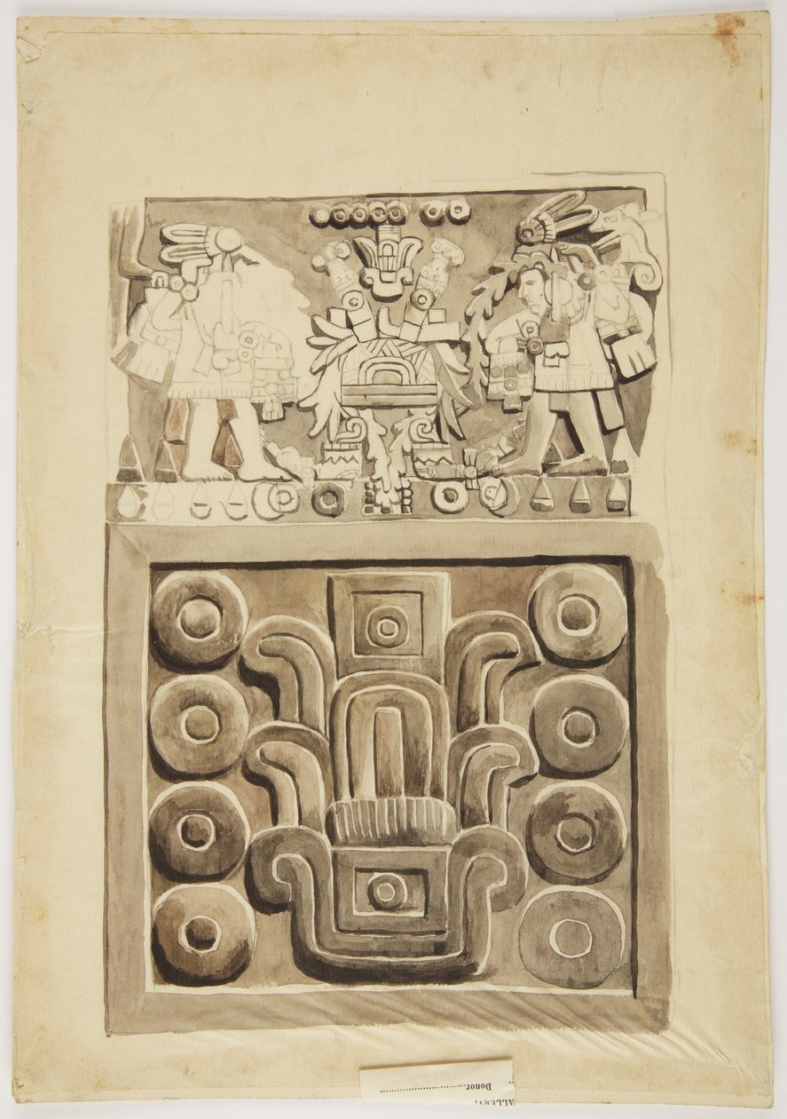 Et stenrelief fra Mexico City, der øverst viser to figurer af krigere, der vender mod et centralt dekoreret 